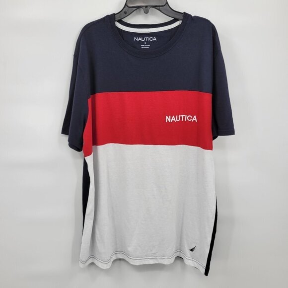 Nautica Men  Blue White Color block Short Sleeve Crewneck Tee Shirt Top Size L - Picture 1 of 9